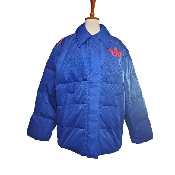 NWT Woman's Adidas Monogram Collared Puffer Jacker Navy and Red Size Small